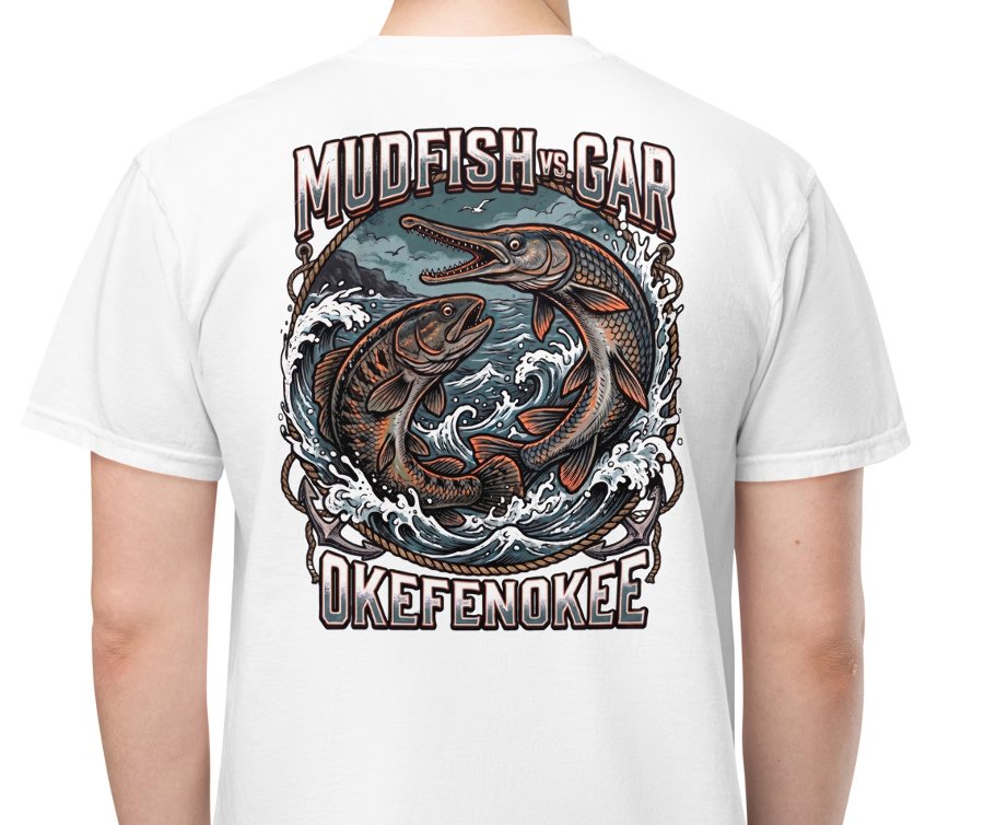 Large full-back graphic illustration on a white t-shirt featuring a mudfish and a longnose gar leaping out of churning ocean waves framed by a rope border.
