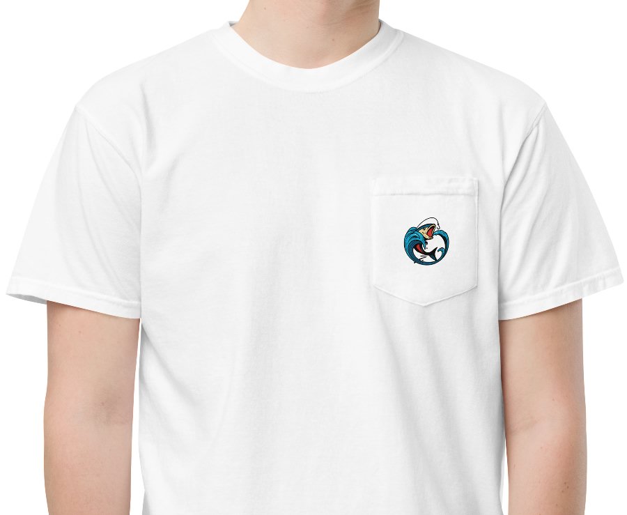 White pocket tee featuring a small, circular crest logo printed directly on the left chest pocket depicting a hooked fish leaping out of a blue wave.